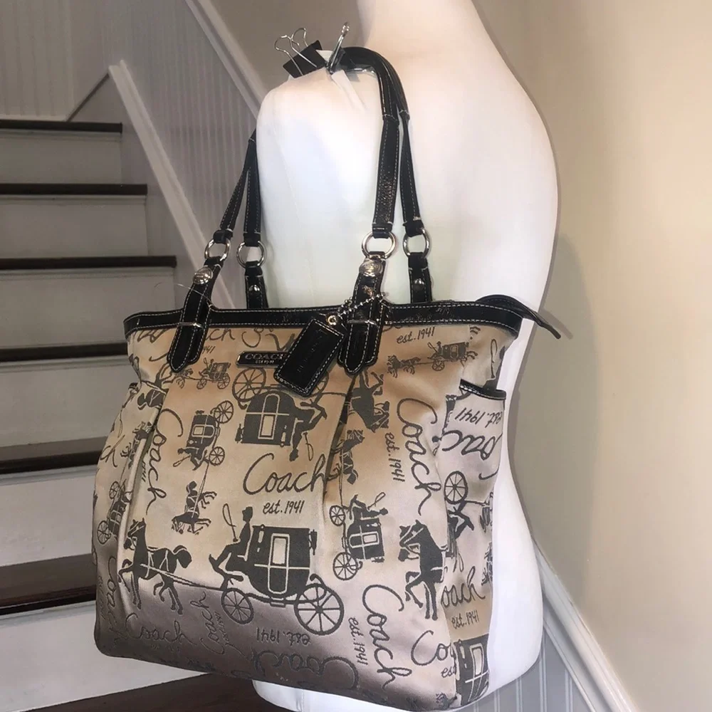 COACH Vintage Horse & Carriage Tan Satin Shoulder Bag  Black Leather Straps